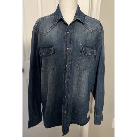 Roebuck & Co Denim Shirt Mens Large Western Pearl Snap Long Sleeve Vintage - Picture 1 of 10